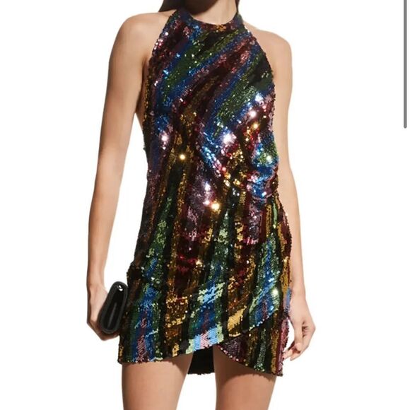Revolve Ronny Kobo Jo Gold Multicolor Sequin halter cocktail mini dress - 12 NWT - Picture 1 of 10
